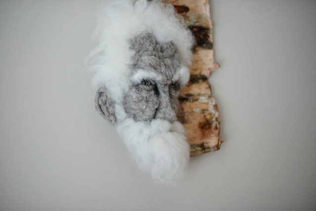 Gnarled - Hand needle-felted wool sculpture of a male face with white wispy hair. Mounted on reclaimed birch bark. artist: Rosemarie Péloquin; photo: Emily Christie.